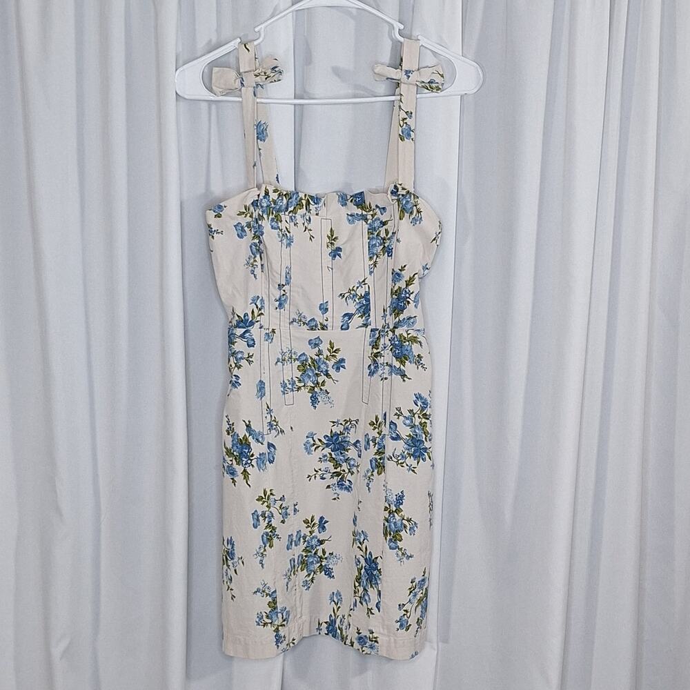 Anthropologie Floral Mini Dress Small Bow Strap Blue White Cottagecore Coquette